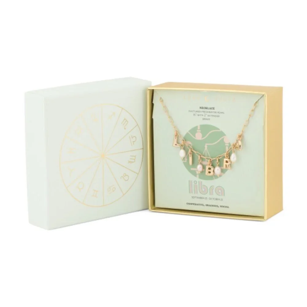 NWT LUNA NORTE Libra Gold Tone Pearl Astrological Lettering Necklace w/ Gift Box